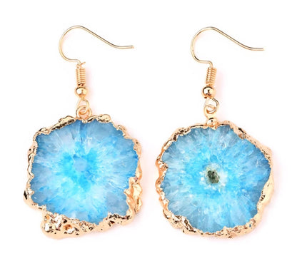 Evil Eye Earrings, Aqua Blue Solar Quartz Dangle Earrings | Gold Plated Brass, Boho Jewelry