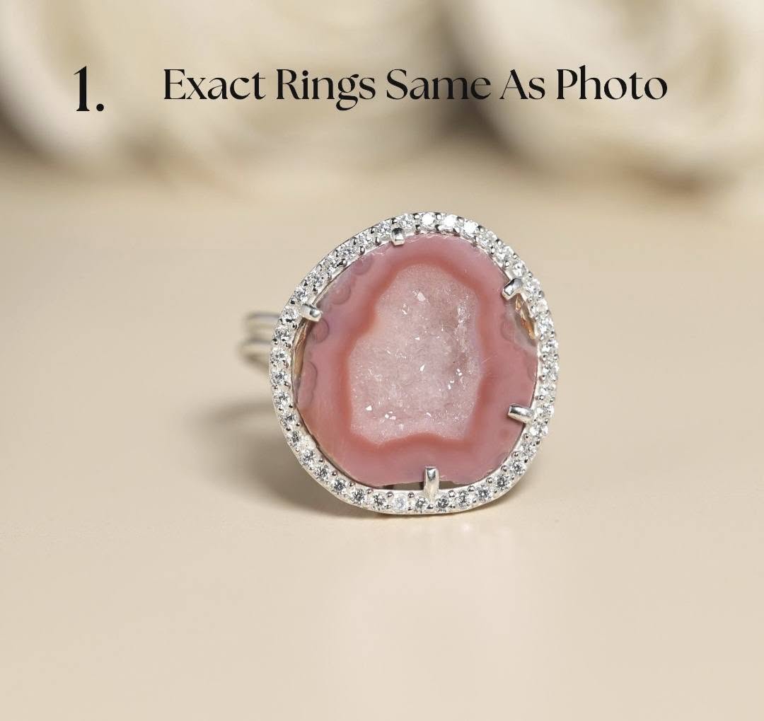 Unike og vakre AGATE Geode Druzy Ring | Sterling Silver, CZ Halo, Adjustable, Geode Size - 24x22mm