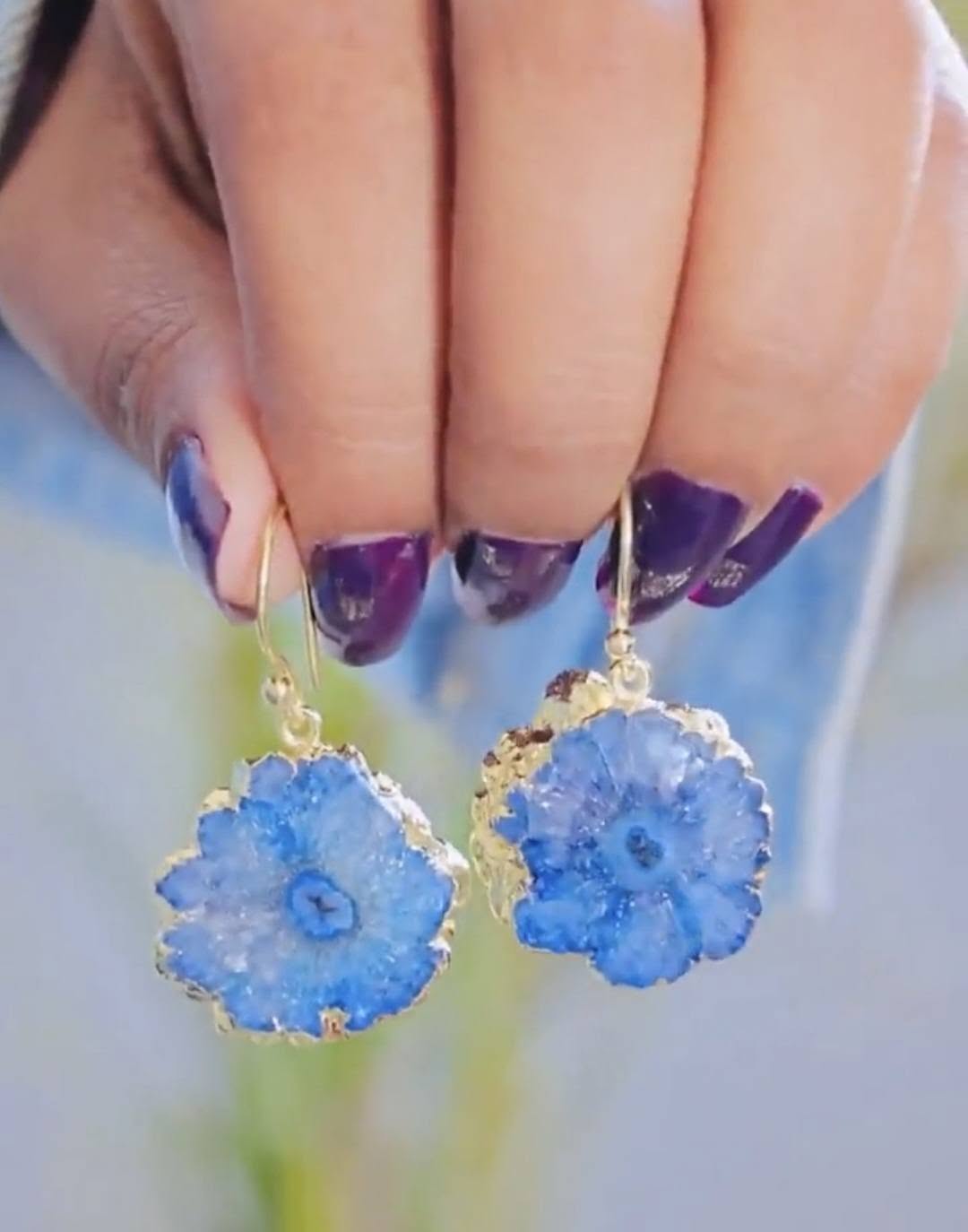 Evil Eye Earrings, Aqua Blue Solar Quartz Dangle Earrings | Gold Plated Brass, Boho Jewelry