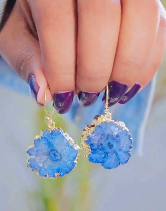 Evil Eye Earrings, Aqua Blue Solar Quartz Dangle Earrings | Gold Plated Brass, Boho Jewelry