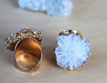 Fashion Ring natural Solar Hvit Quartz, Gold Electroplated, Justerbar
