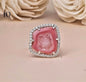 Unike og vakre AGATE Geode Druzy Ring | Sterling Silver, CZ Halo, Adjustable, Geode Size - 19x17mm