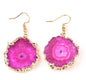 Evil Eye Earrings, Pink Solar Quartz Dangle Earrings | Gold Plated Brass, Boho Jewelry