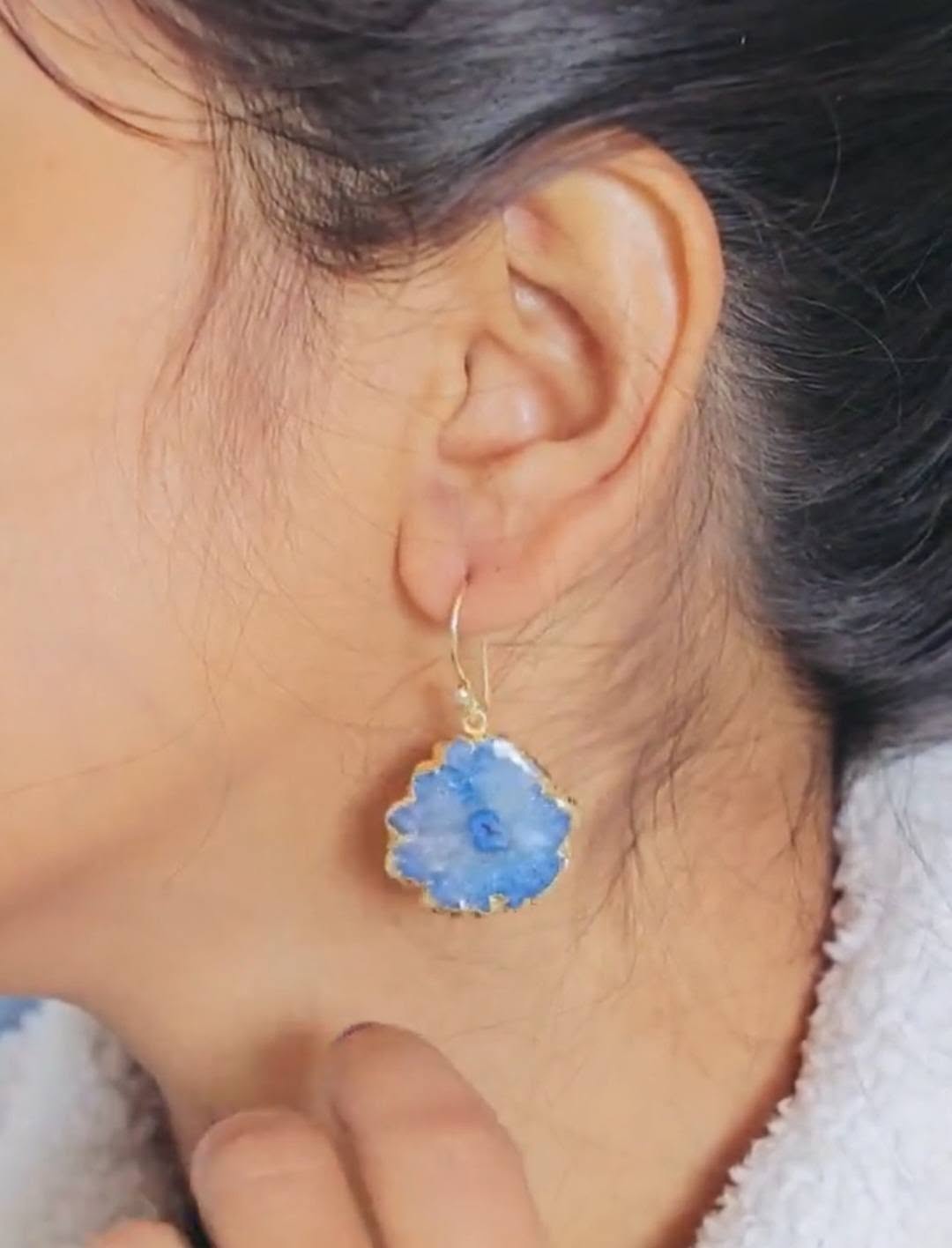 Evil Eye Earrings, Aqua Blue Solar Quartz Dangle Earrings | Gold Plated Brass, Boho Jewelry