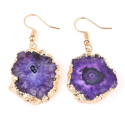 Evil Eye Earrings, Purple Solar Quartz Dangle Earrings | Gold Plated Brass, Boho Jewelry