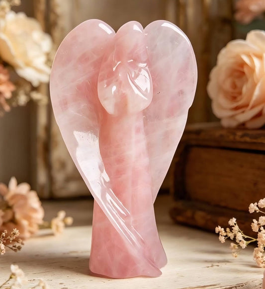 Stor "Praying Mary" Engel i Rosenkvarts , ca 15cm - Large