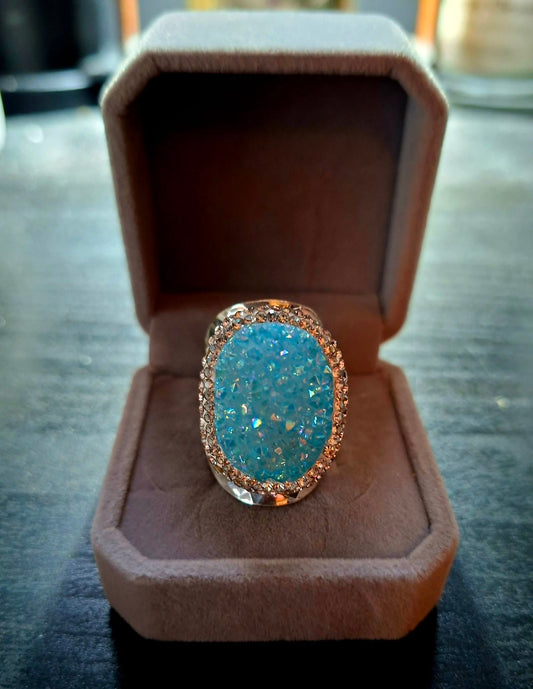 Druzy Aqua Blue Quartz Ring Silver Electroplated, justerbar