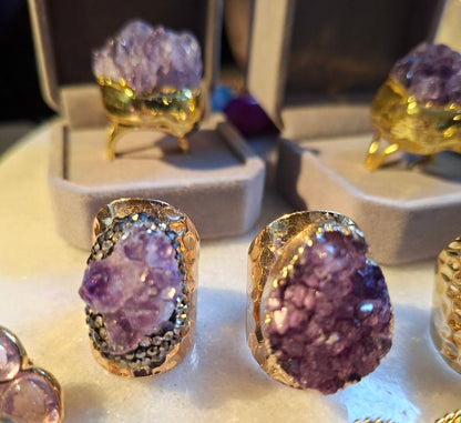 Superfancy Ametyst Raw Cluster & Rhinestone Ring, Gold Electroplated