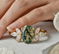 Ny og vakker Art Deco ( 14k Gold over Sterling Silver) with natural Forest Fairy Moss Agate Ring w/ Marquise Zirkones