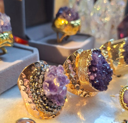 Superfancy Ametyst Raw Cluster & Rhinestone Ring, Gold Electroplated