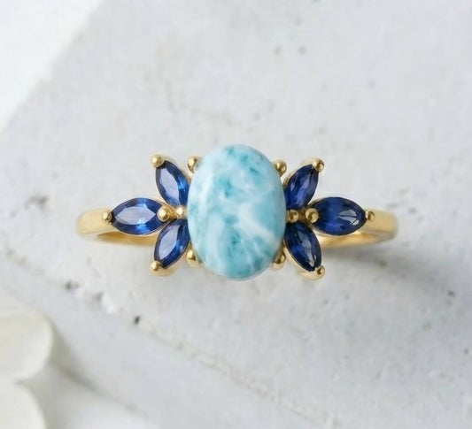 Ny og vakker Art Deco ( 14k Gold over Sterling Silver) Sunstone, Larimar and Sapphire Gold Plated Ring, Marquise Blue Gemstones