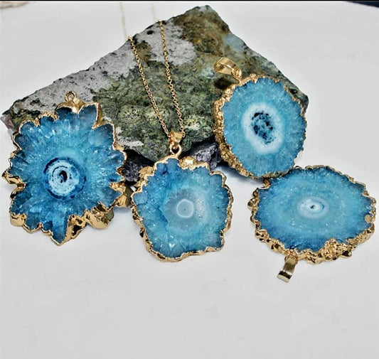 Fashion natural Aqua Blue Solar Quartz Necklace , Gold Electroplated