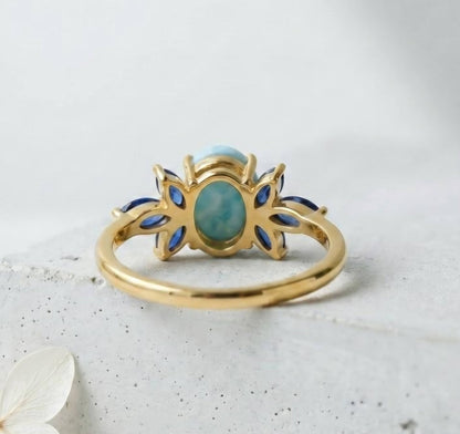 Ny og vakker Art Deco ( 14k Gold over Sterling Silver) Sunstone, Larimar and Sapphire Gold Plated Ring, Marquise Blue Gemstones
