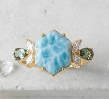 Ny og vakker Art Deco ( 14k Gold over Sterling Silver) Hexagon Larimar Ring, Gold Mermaid Core, Teal Sapphire &amp; Marquise Diamond Cluster