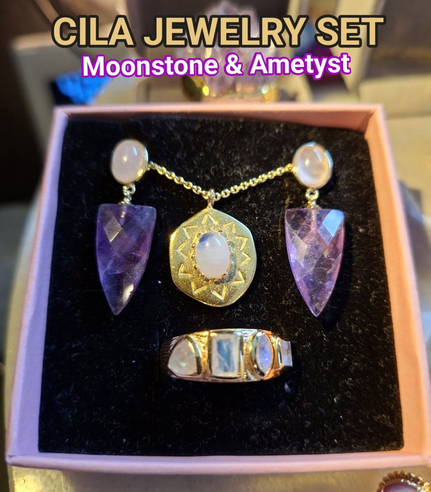 SUMMERDEAL / CILA Moonstone Ring & Necklace + MICCI Ametyst Design Earrings