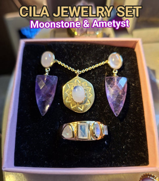 SUMMERDEAL / CILA Moonstone Ring & Necklace + MICCI Ametyst Design Earrings