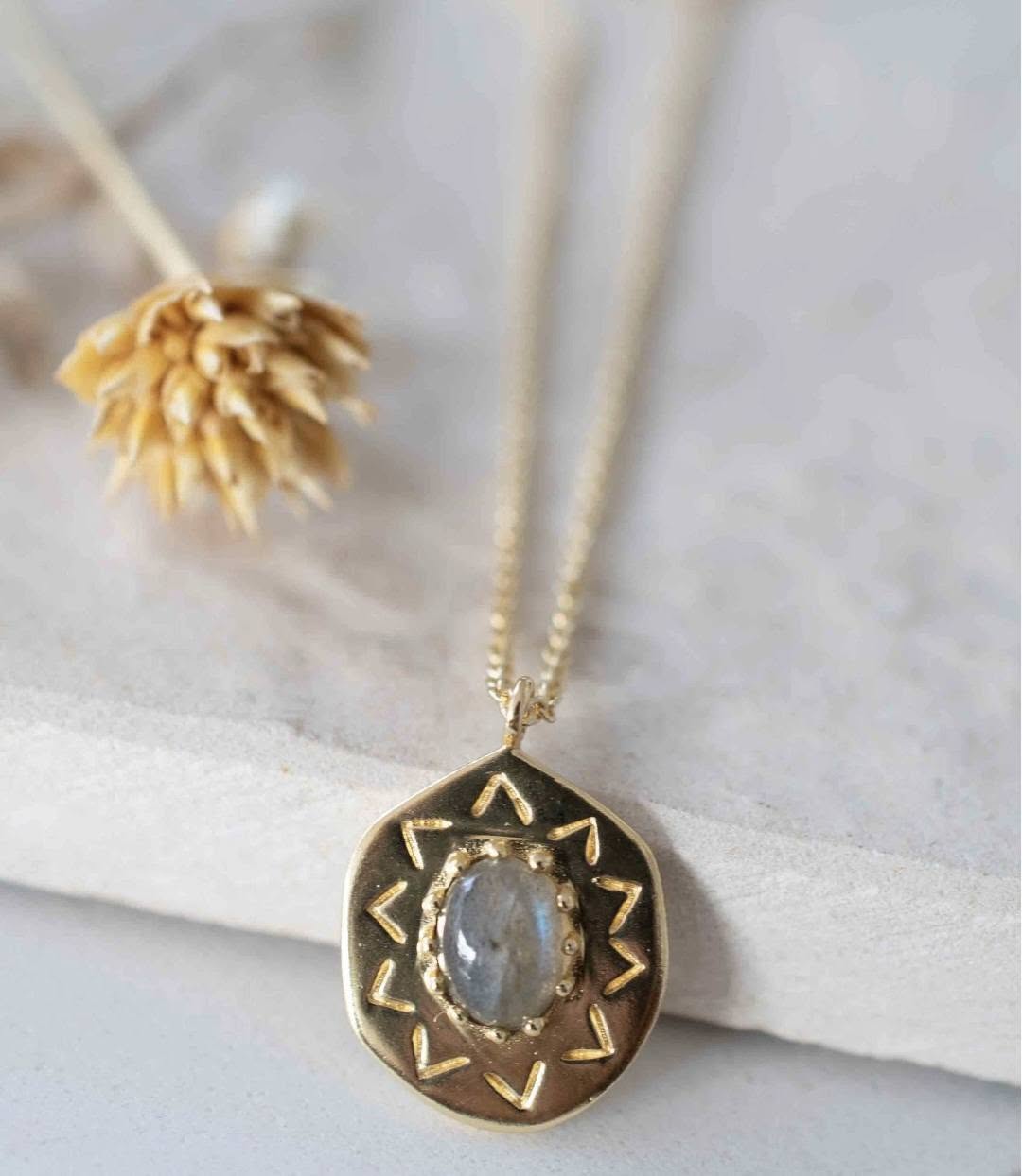 Nytt, vakkert Krystallkjede i et lekkert og Trendy Medallion Design med Labradorite, 18K Gold filled