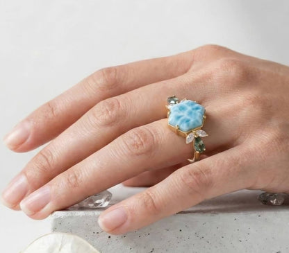 Ny og vakker Art Deco ( 14k Gold over Sterling Silver) Hexagon Larimar Ring, Gold Mermaid Core, Teal Sapphire &amp; Marquise Diamond Cluster