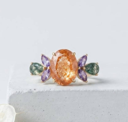 Ny og vakker Art Deco ( 14k Gold over Sterling Silver) Sunstone, Moss Agate & Amethyst Gold Ring Nature Inspired