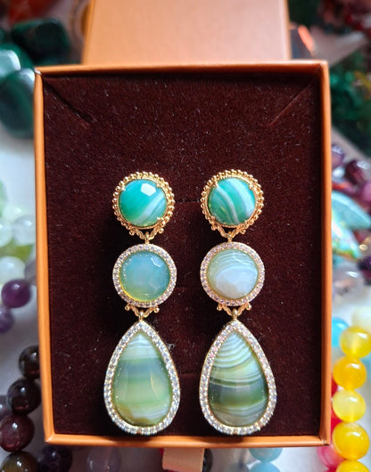 Nye MICCI DESIGN natural Green AGATE Long Drop Øredobber, 58x17mm 24KGold Electroplated