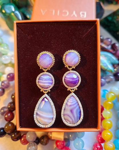 Nye MICCI DESIGN natural Purple AGATE Long Drop Øredobber, 58x17mm 24KGold Electroplated