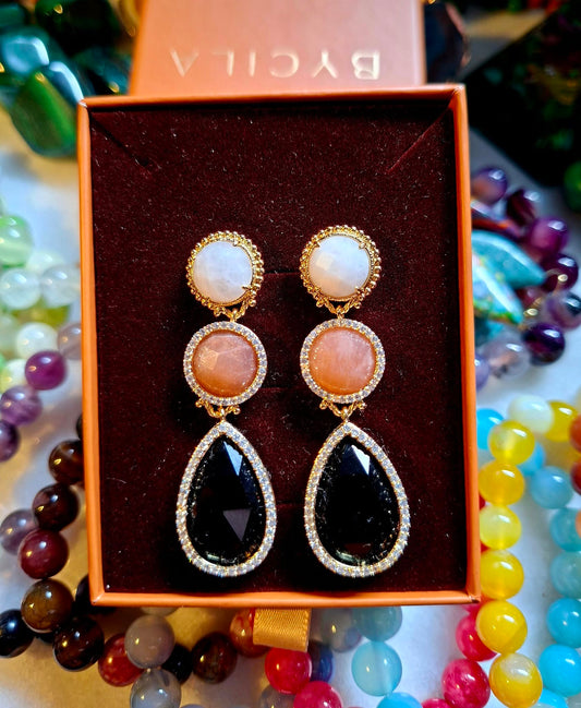 Nye MICCI DESIGN natural Purple AGATE Long Drop Øredobber, 58x17mm 24KGold Electroplated - Black Onyx, Hvit Quartz, Strawberry Quartz