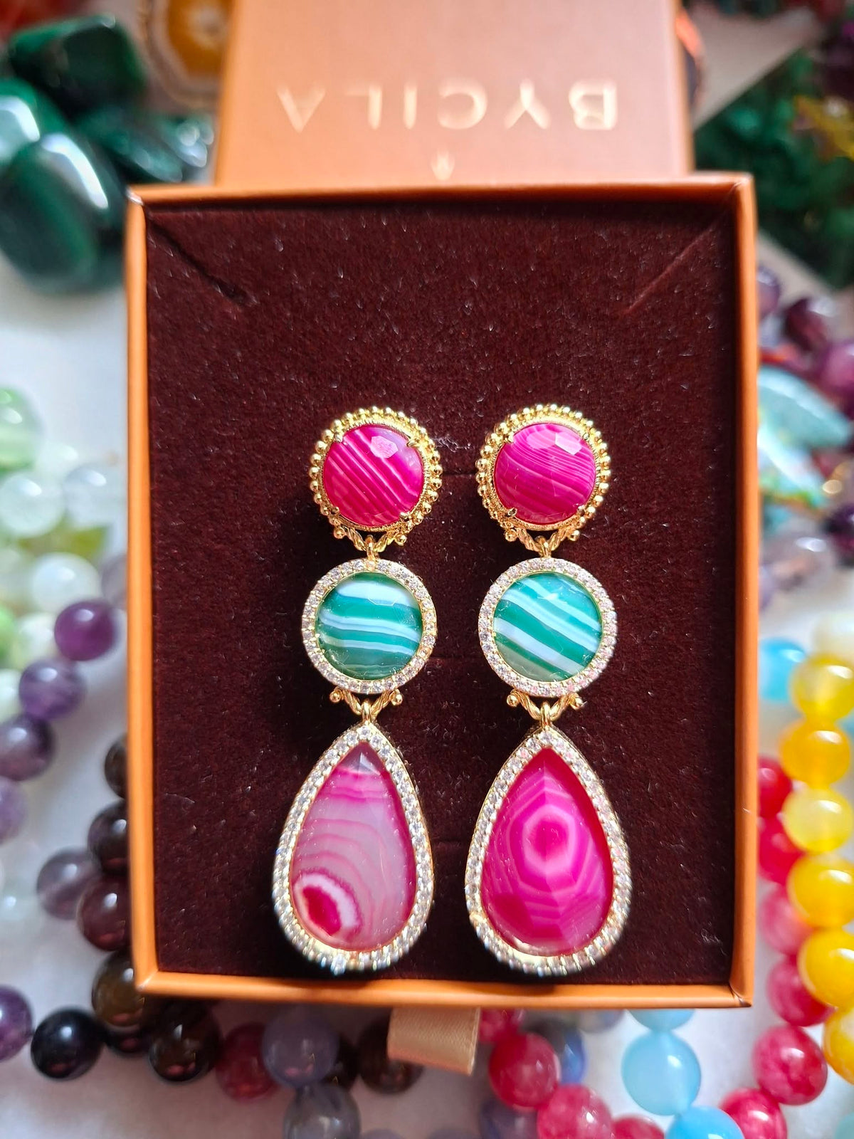 Nye MICCI DESIGN natural PInk Fuchia & Green AGATE Long Drop Øredobber, 58x17mm 24KGold Electroplated - Pink & Green AGATE