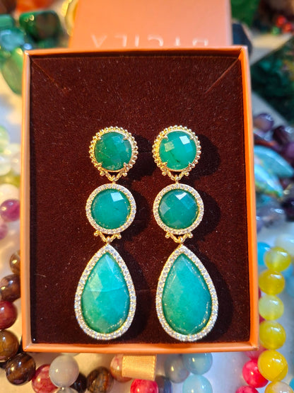 Nye MICCI DESIGN natural Purple AGATE Long Drop Øredobber, 58x17mm 24KGold Electroplated - Green AVENTURINE