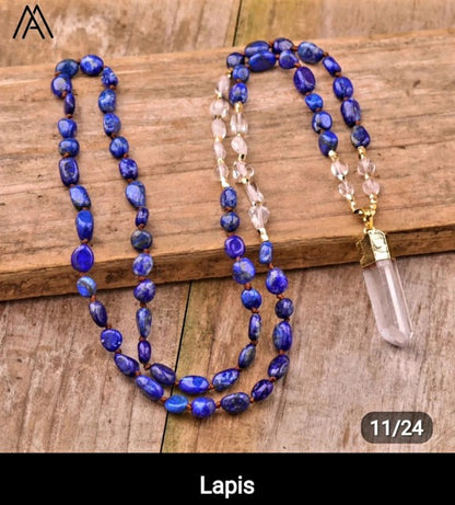 NYE MALA CRYSTAL KJEDER LAPIS LAZULI m/Clear Quartz Spissanheng, 70cm