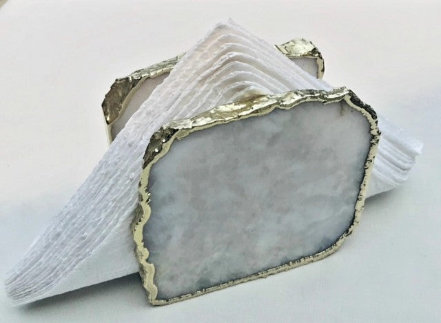 HÅndlagede 12mm Hvit AGATE serviettholder med gullbelagt kant ( Gold Electroplated ), rommer ca. 20 servietter