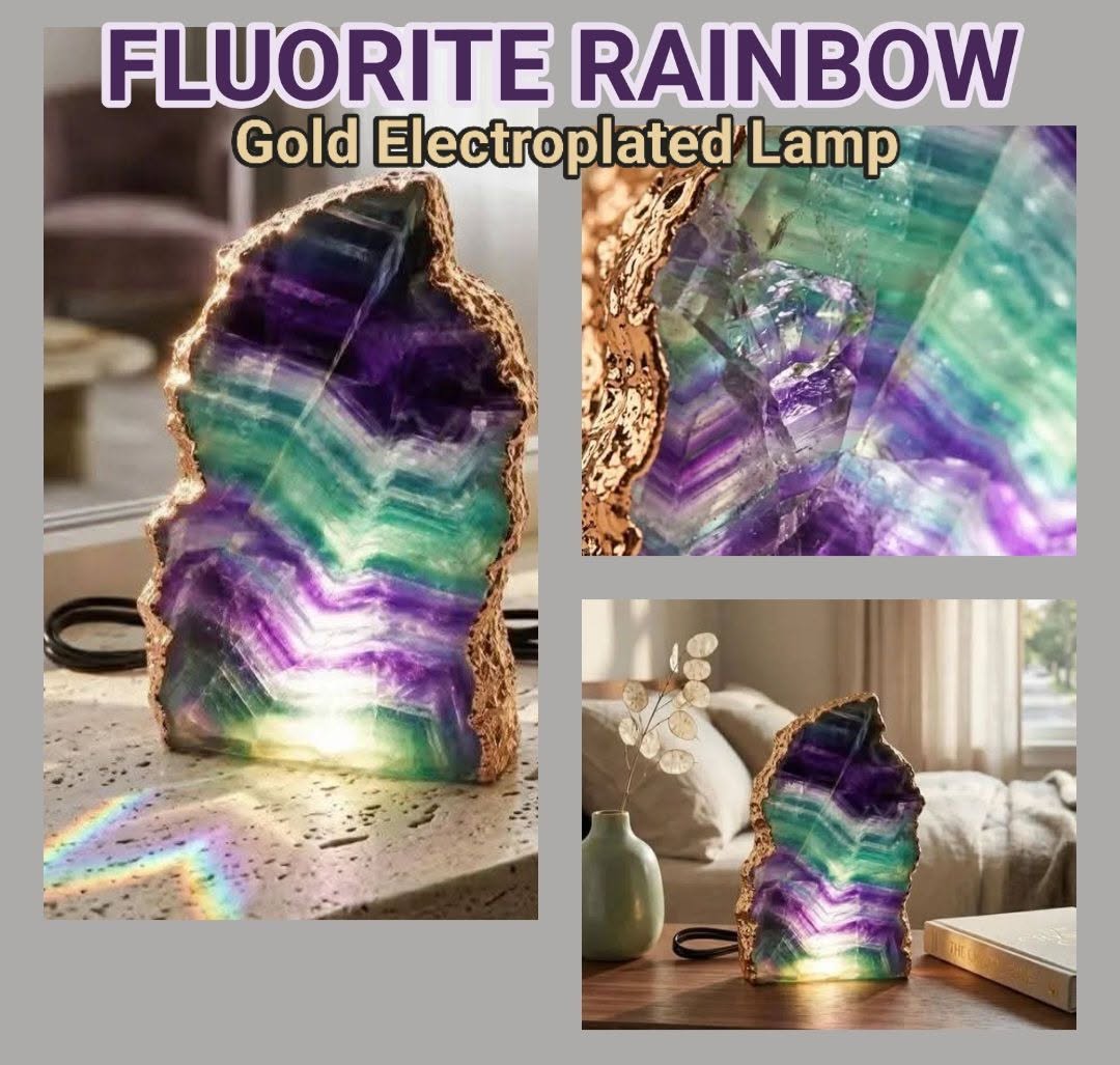 Fluorite Rainbow Ledlamp | Gold Electroplated, Crystal Night Light | Luxury Home Décor