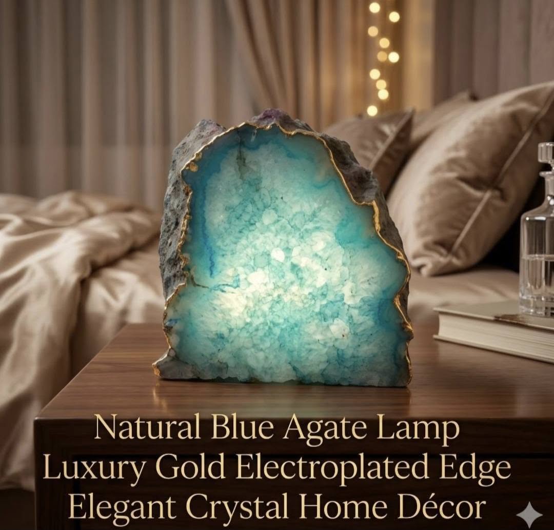 Aqua Blue Agate Lamp | Gold Edge Crystal Night Light | Luxury Home Décor