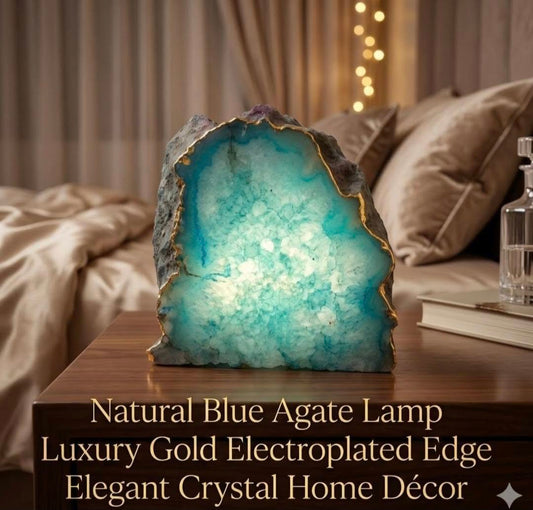 Aqua Blue Agate Lamp | Gold Edge Crystal Night Light | Luxury Home Décor