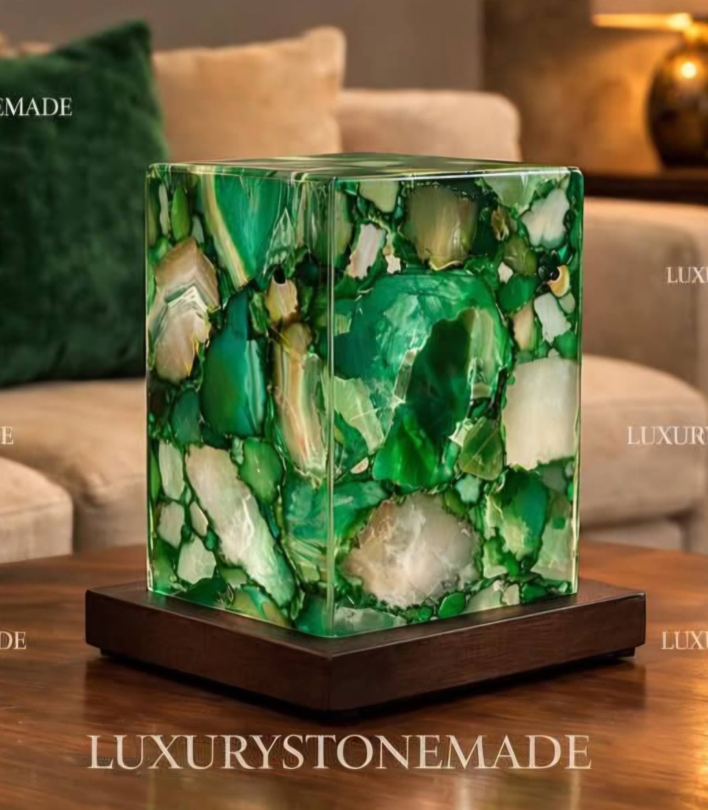 Exclusive handmade Green Agate Coaster Crystal Ledlamp / Luxury Home Décor , 20x10cm