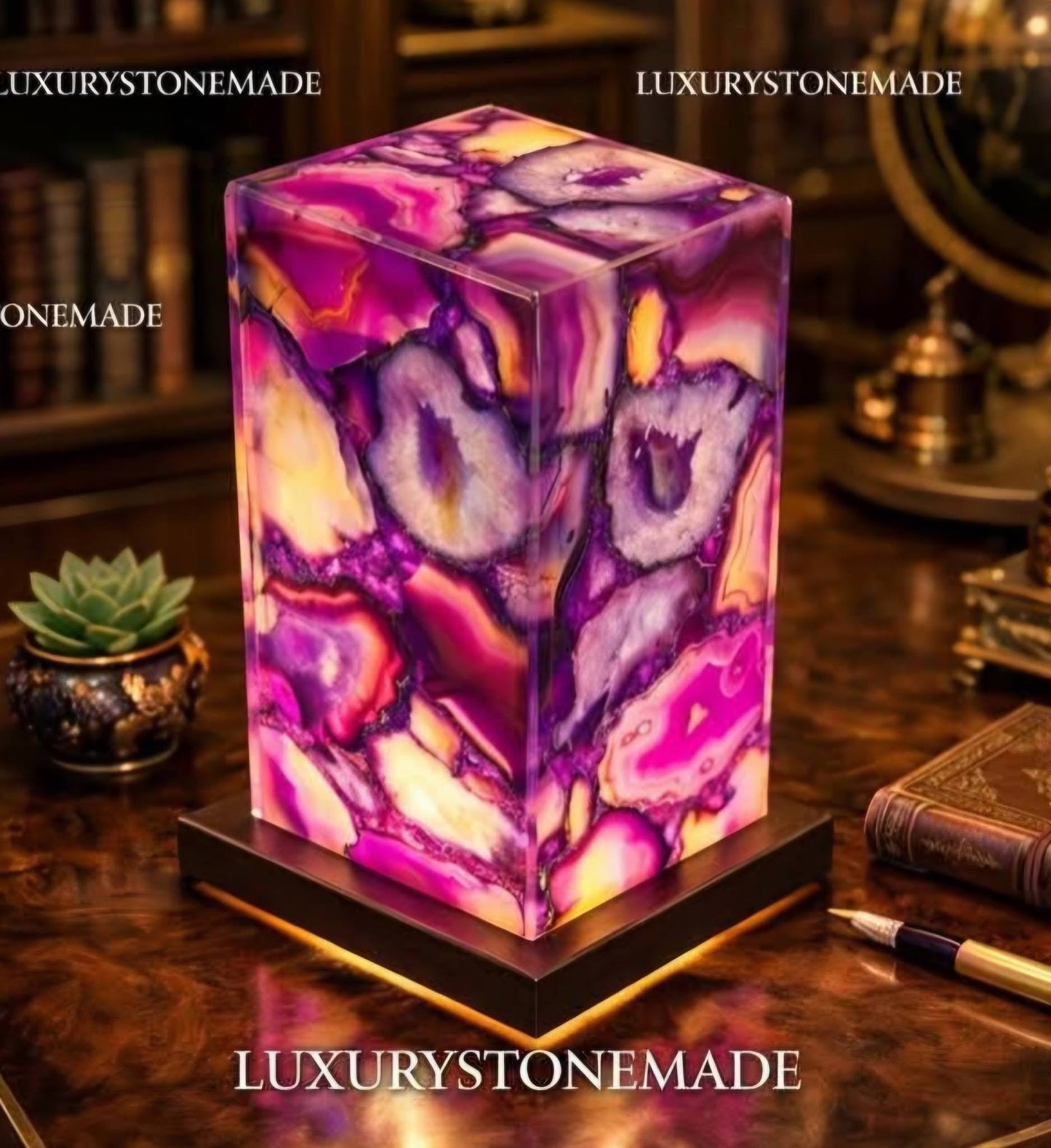 Exclusive handmade Pink Agate Coaster Crystal Ledlamp / Luxury Home Décor , 20x10cm
