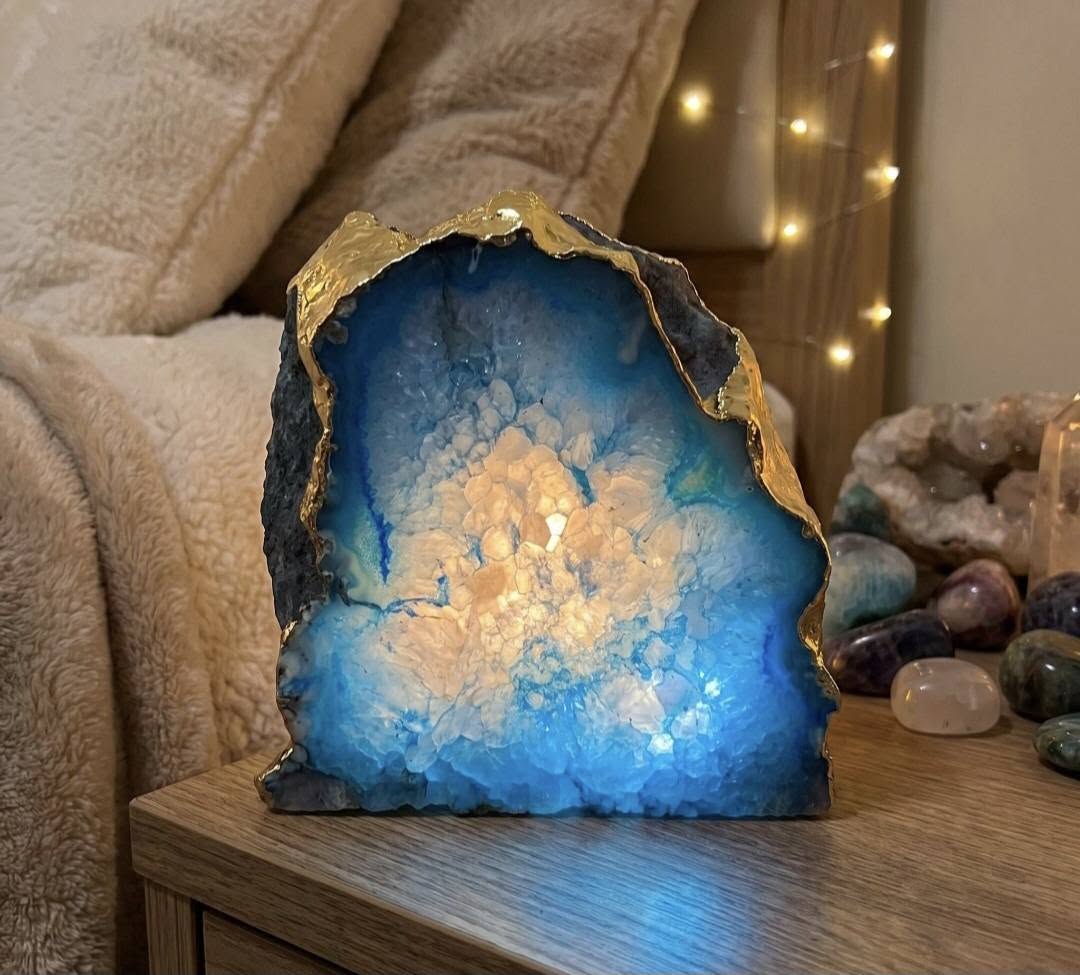 Blue Agate Lamp | Gold Edge Crystal Night Light | Luxury Home Décor 💚💜