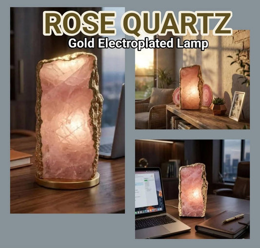 Rose Quartz Ledlamp | Gold Electroplated, Crystal Night Light | Luxury Home Décor