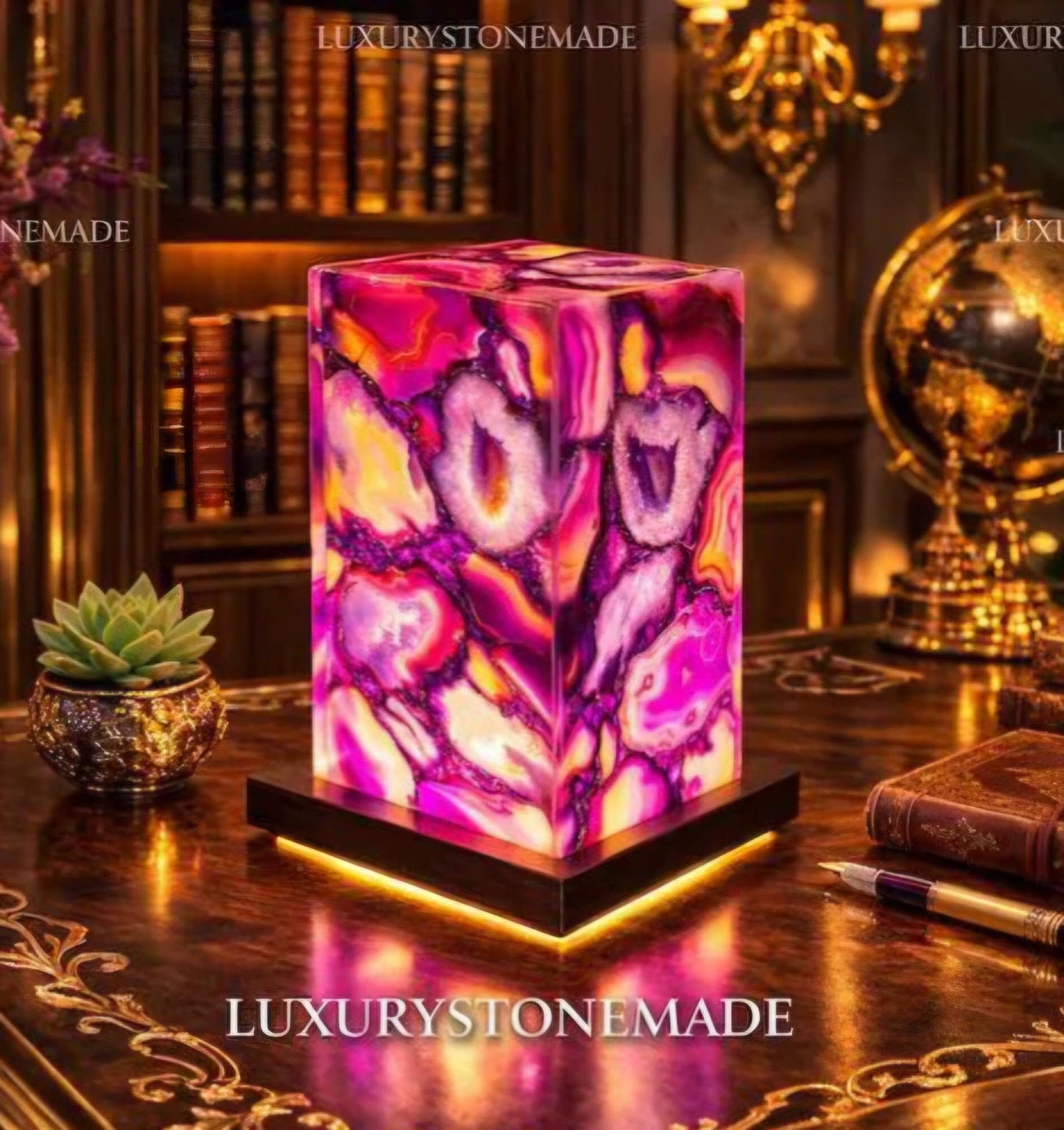 Exclusive handmade Pink Agate Coaster Crystal Ledlamp / Luxury Home Décor , 20x10cm