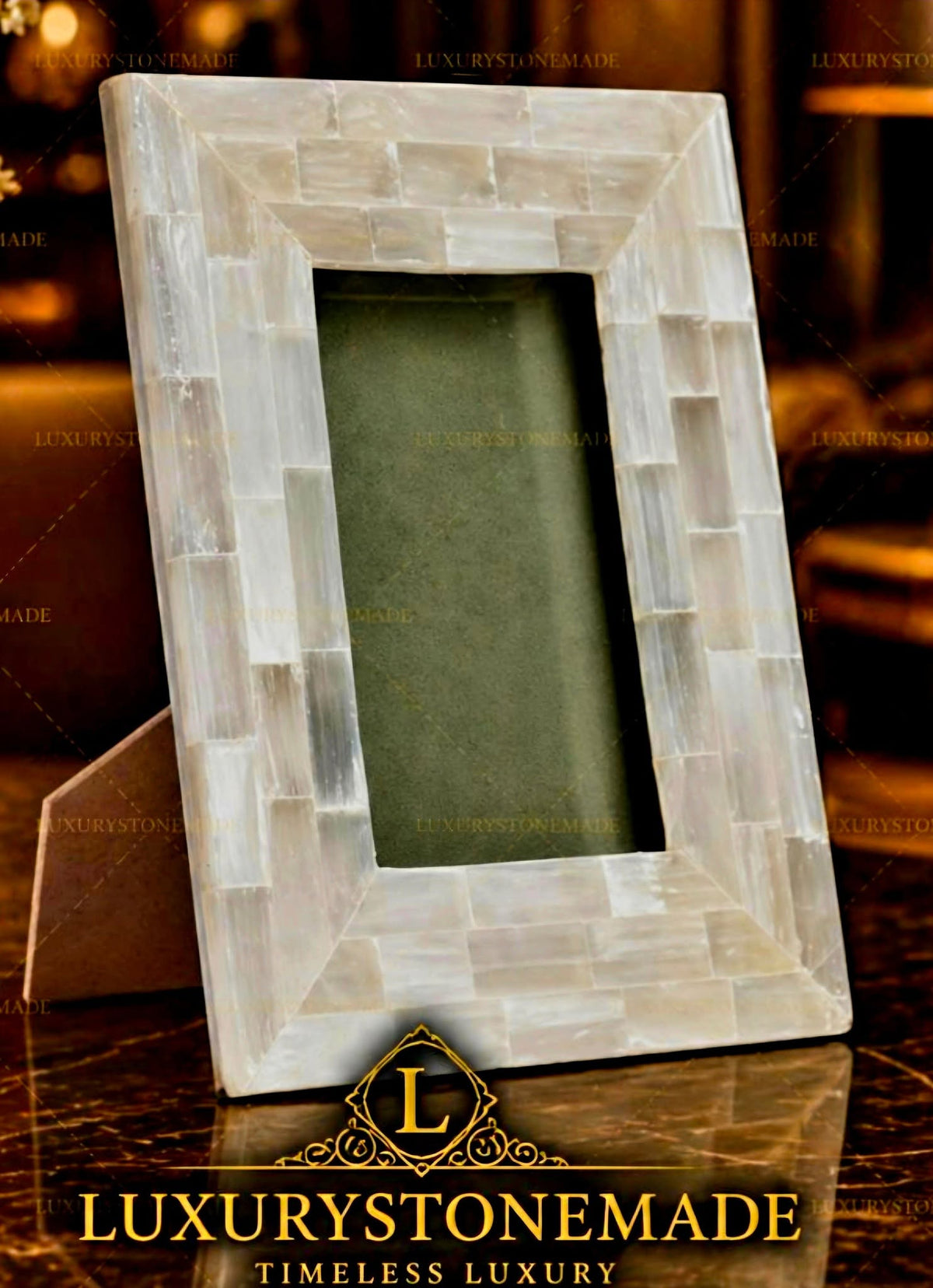 New - handmade Exclusive Picture Frame in natural Selenite Stone, 20x15ramme ( 10x15 Photo)