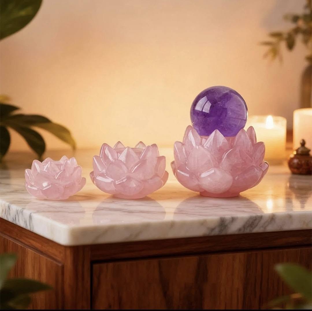 Vakker, håndlaget Lotus Blomst i Rose Quartz * Base for Spheres - Krystallkuler ( 40/50mm ) Small Size - 4.5 - 5cm