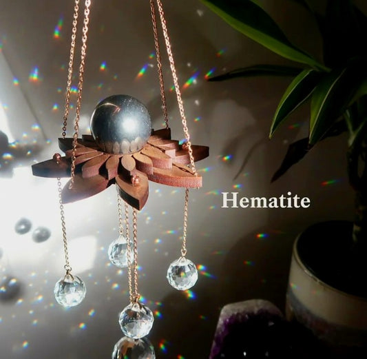 New 2024 Lotus Rainbow Crystal Suncatcher w/ Hematite Quartz 21mm Sphere