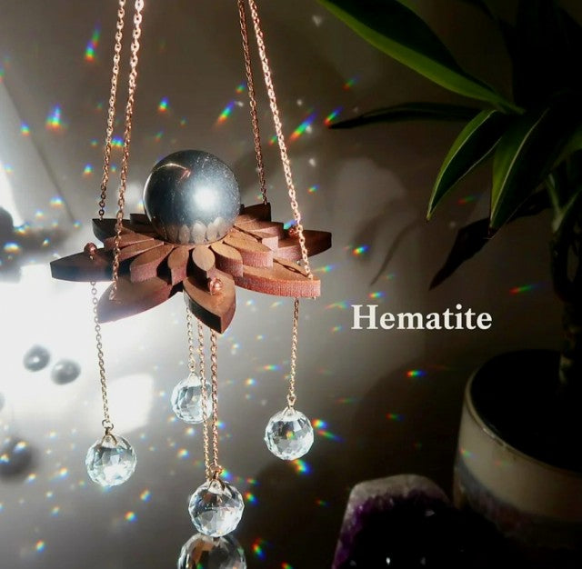 New 2024 Lotus Rainbow Crystal Suncatcher w/ Hematite Quartz 21mm Sphere