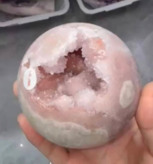 Druzy Flower Agate with Light Pink Amethyst Geode Sphere, 75mm - 660gram