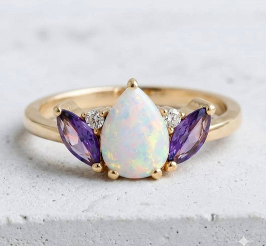 Ny & Trendy 14K Goldplated ( 925s Silver ) Art Deco Vintage Ring - med oval 8x6mm FIRE OPAL sten, Ametyst + Zirkoner