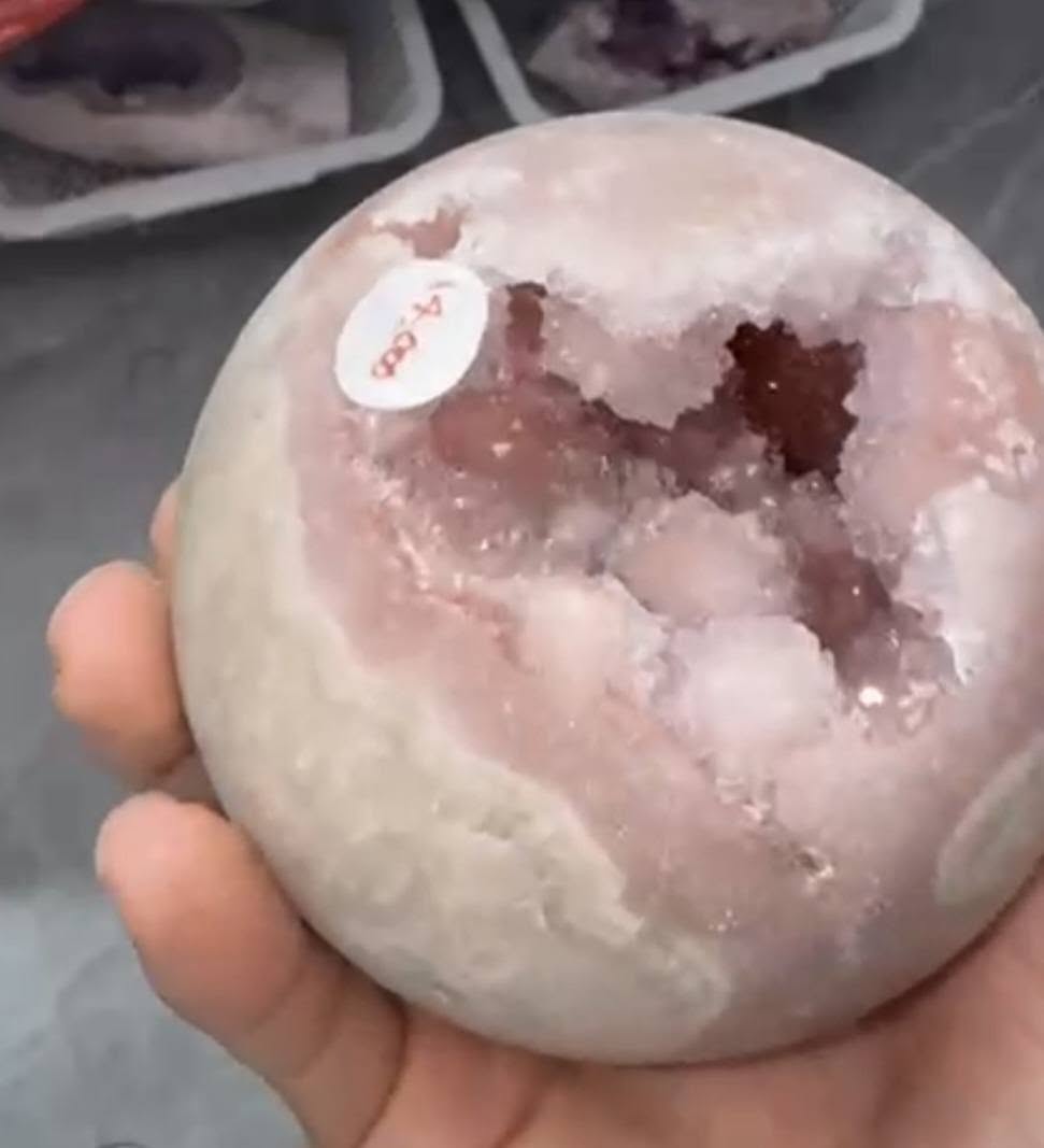 Druzy Flower Agate with Light Pink Amethyst Geode Sphere, 75mm - 660gram