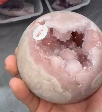 Druzy Flower Agate with Light Pink Amethyst Geode Sphere, 75mm - 660gram