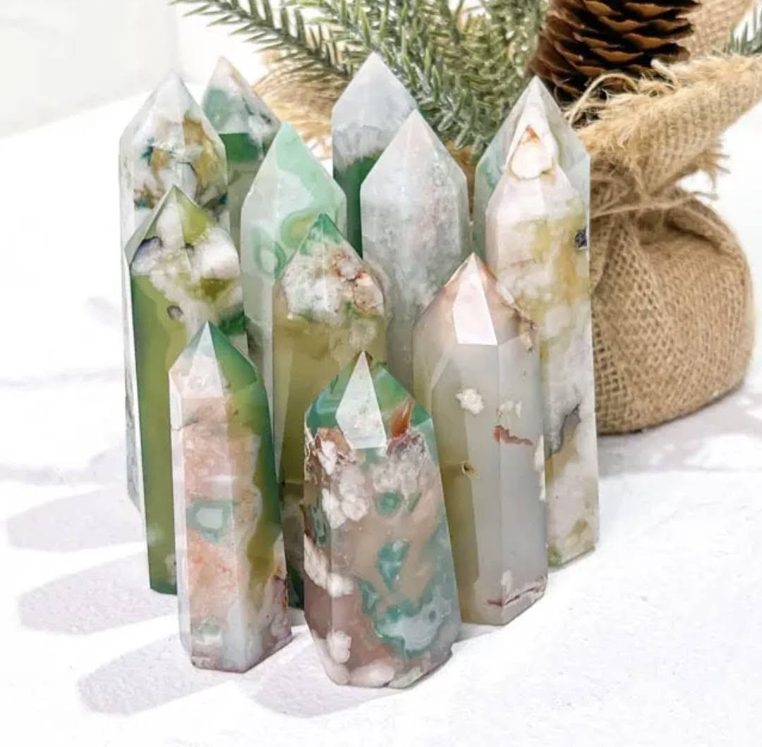 Beautiful Green Flower Agate Towers, 8 - 10cm