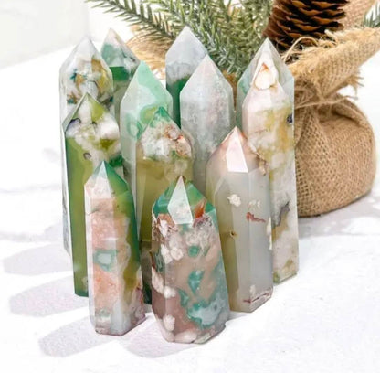 Beautiful Green Flower Agate Towers, 8 - 10cm