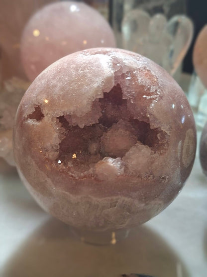 Druzy Flower Agate with Light Pink Amethyst Geode Sphere, 75mm - 660gram