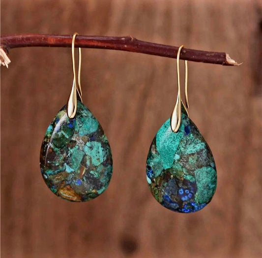 Nye Classic Natural Chrysocolla Earring Teardrop Design, Gold Electroplated